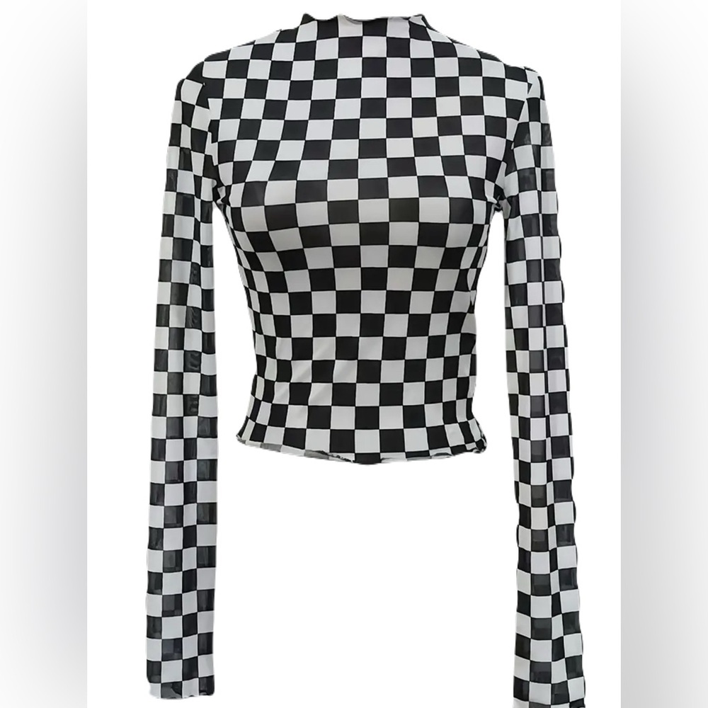 Checkerboard Print High Neck Mesh Top, Long Sleeve Semi Sheer Top Black & White